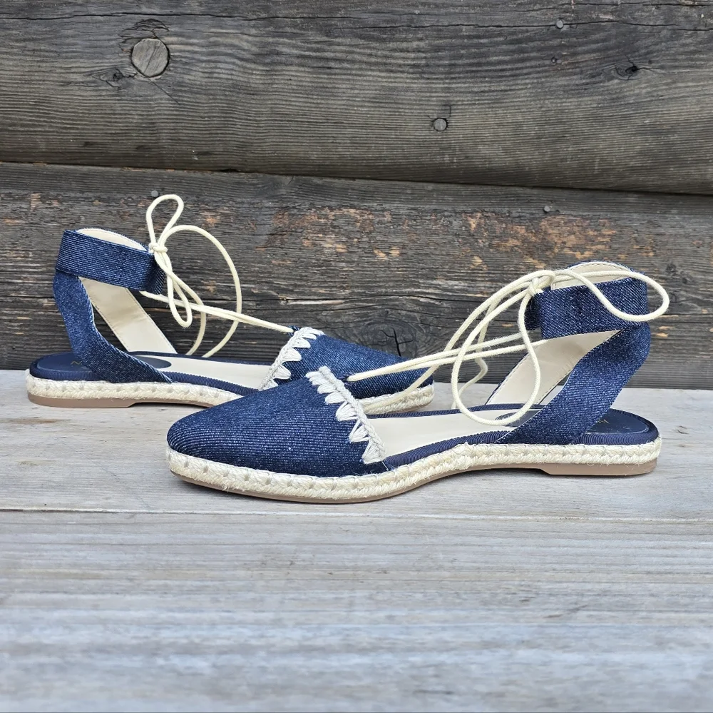 Nine West NEW Unah Coastal Mediterranean Denim Pointy Toe Flat Sandal 6.5M